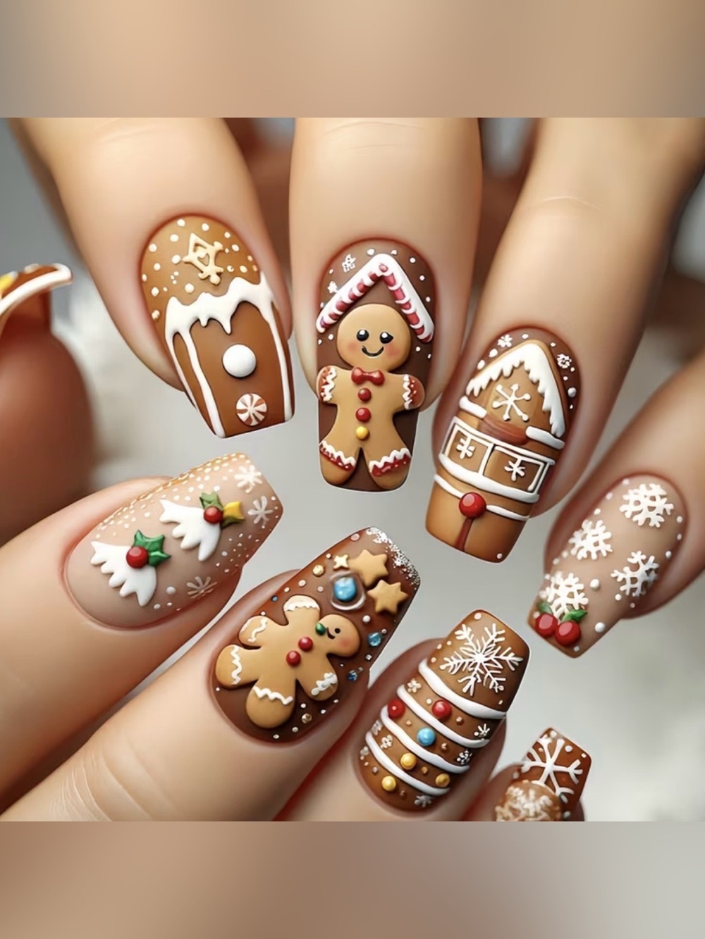 24 pcs Gingerbread Man & House Christmas Medium Length Square Press on Nails